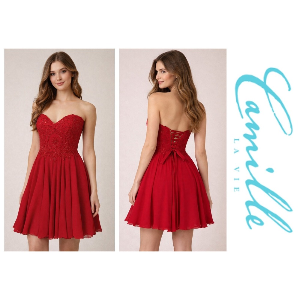 Camille La Vie Vtg Y2K Red Strapless Rhinestones Corset Back Mini Prom Dress 0